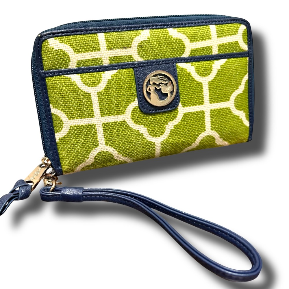 Spartina 449‎ Green Navy Linen Leather Quatrefoil Zip Around Wristlet Wallet - Picture 2 of 6